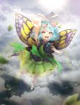  2018 antennae artist_name barefoot blush bow butterfly_wings cloud dress eternity_larva flower flying hair_flower hair_ornament leaf leaf_on_head light merry_(cranberry) mountain open_mouth outstretched_arm pink_bow ribbon river sleeveless sleeveless_dress solo sun touhou white_ribbon wings yellow_wings 