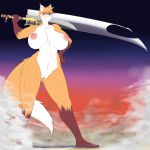  anthro big_breasts blush breasts canine female fox huge_breasts looking_at_viewer mammal melee_weapon nipples nude opqhlak pussy solo standing sword thick_thighs vela voluptuous weapon 