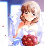  arm_up bangs bare_shoulders blue_eyes blush bouquet breasts bridal_veil brown_hair closed_mouth dress earrings elbow_gloves eyebrows_visible_through_hair flower gloves hairband highres holding holding_bouquet idolmaster idolmaster_cinderella_girls jewelry looking_at_viewer medium_breasts medium_hair nanananananasea necklace pendant petals pinky_out red_flower red_rose rose rose_petals sakuma_mayu smile solo sparkle strapless strapless_dress stud_earrings tareme upper_body veil wedding_dress white_dress white_earrings white_gloves 