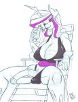  2018 animal_genitalia animal_penis anthro beverage big_breasts breasts chair changeling cleavage clothed clothing dickgirl drinking equine_penis fan_character hair holding_object hole_(anatomy) intersex long_hair looking_at_viewer medial_ring monochrome my_little_pony penis protoqueen_bountiful_(oc) sitting sketch solo zwitterkitsune 