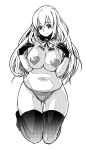  atago_(kantai_collection) breasts commentary_request full_body gloves heart_pasties highres kantai_collection kneeling large_breasts long_hair monochrome navel no_shoes panties pasties simple_background smile solo string_panties tachibana_roku thighhighs topless underwear underwear_only white_background 