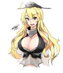  artist_name blonde_hair blush breasts cleavage commentary iowa_(kantai_collection) kantai_collection large_breasts long_hair purple_eyes signature simple_background solo tachibana_roku upper_body white_background 