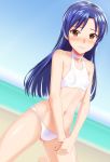  beach bikini blue_hair blue_sky blush breasts brown_eyes commentary_request cowboy_shot dan_(orange_train) dark_blue_hair day dutch_angle horizon idolmaster idolmaster_(classic) idolmaster_1 kisaragi_chihaya kneeling long_hair looking_at_viewer navel sky small_breasts solo swimsuit white_bikini 