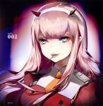  aqua_eyes candy close-up darling_in_the_franxx face food hairband heco_(mama) horns lips lollipop long_hair looking_at_viewer military military_uniform mouth_hold open_mouth pink_hair solo straight_hair uniform white_hairband zero_two_(darling_in_the_franxx) 