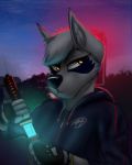  2018 aira an_ancient anthro canine clothed clothing dog female fur hair hoodie husky katana mammal melee_weapon outside short_hair solo sunset sword tattoo weapon white_fur wolf yellow_eyes 