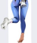 1girl absurdres ass ass_grab bodysuit close-up d.va_(overwatch) feet female from_behind ghhoward gloves grabbing_own_ass hands_on_ass lower_body out_of_frame overwatch pilot_suit pixiv pov_ass shiny shiny_clothes simple_background skin_tight socks solo standing standing_on_one_leg thighs white_gloves white_legwear wide_hips 