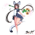  animal_ears apron blade_&amp;_soul blue_dress blue_eyes brown_hair copyright_name dress flower highres kirei_kotoba leg_lift long_hair low_twintails lyn_(blade_&amp;_soul) panties ribbon short_dress smile socks solo staff standing standing_on_one_leg sunflower tail thighs tiger_ears tiger_tail tiptoes twintails underwear very_long_hair white_footwear white_panties wind wind_lift 
