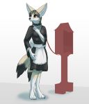  2016 2_tails 4_breasts anthro barefoot bell_collar breasts brown_eyes brown_hair canine clothing collar female fennec fox hair leash maid_uniform mammal multi_breast multi_tail oter simple_background solo standing uniform white_background 