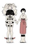  @_@ bangs boots breast_pocket check_commentary collared_shirt commentary_request folded_ponytail fujinoki_(horonabe-ken) full_body gambier_bay_(kantai_collection) gloves hair_between_eyes hairband hakama hakama_skirt height_difference holding_hands japanese_clothes kantai_collection kasuga_maru_(kantai_collection) long_hair looking_at_viewer monochrome multiple_girls pocket red_hakama shirt short_sleeves spot_color standing swept_bangs thighhighs twintails wavy_mouth 