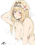  akazukinchantaberu bare_shoulders blonde_hair blue_eyes blush breasts commentary_request flower granblue_fantasy hair_between_eyes hair_flower hair_ornament hairband jeanne_d'arc_(granblue_fantasy) large_breasts long_hair looking_at_viewer looking_to_the_side nipples nude simple_background smile solo sweat tareme wet white_background 