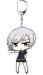  androgynous arms_behind_back black_footwear black_neckwear chan_co chibi gem_uniform_(houseki_no_kuni) goshenite_(houseki_no_kuni) grey_eyes grey_hair houseki_no_kuni lowres luster necktie promotional_art shirt short_hair short_sleeves shorts smile solo uniform white_shirt 