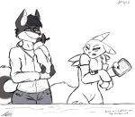  2018 black_and_white black_hair black_sclera canine clothed clothing digimon disgust dog duo electronic female hair humor husky jeffthehusky male mammal markings monochrome pants parody pen reaction_image renamon smile sweater table tablet 