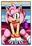  absurd_res amy_rose bike_shorts blush bracelet breasts cleavage clothed clothing cloudz cup cute dreamcastzx1 exercise eyelashes female fur gloves green_eyes hairband hedgehog hi_res jewelry mammal one_eye_closed open_mouth open_smile pink_fur shirt shorts smile sonic_(series) straw sweat tank_top wink workout 