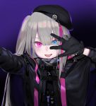  :p arm_up bangs beret black_gloves black_hat blue_eyes blunt_bangs buckle commentary eyebrows_visible_through_hair girls_frontline gloves gradient gradient_background grey_hair hair_between_eyes hat heterochromia highres jacket long_hair long_sleeves looking_at_viewer mdr_(girls_frontline) multicolored_hair one_side_up open_clothes open_jacket open_mouth pink_eyes pink_hair purple_background reaching_out self_shot shatte shiny shiny_hair side_ponytail sidelocks smile solo strap streaked_hair tongue tongue_out upper_body w w_over_eye 