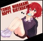  birthday blush brown_eyes character_name commentary_request cupcake eyebrows_visible_through_hair food full_body happy_birthday heart idolmaster idolmaster_cinderella_girls jacket jacket_on_shoulders looking_at_viewer murakami_tomoe nigella_(nigellaneige) open_mouth red_hair shoes short_hair short_shorts shorts sitting sneakers solo sweater 