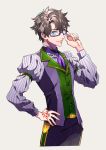  adjusting_eyewear armband bangs bespectacled brown_hair closed_mouth command_spell fate/grand_order fate_(series) fingernails fujimaru_ritsuka_(male) glasses grey_background hair_between_eyes hand_on_hip hand_up highres juliet_sleeves long_sleeves looking_at_viewer male_focus necktie pants puffy_sleeves purple-framed_eyewear purple_neckwear purple_pants purple_vest simple_background smile solo standing tenobe vest 