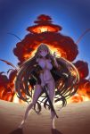  absurdly_long_hair bangs bare_legs bare_shoulders barefoot bikini blue_sky blush breast_lift breasts brown_hair cleavage collarbone commentary_request explosion eyebrows_visible_through_hair floating_hair girls_frontline groin gun hair_between_eyes holding holding_gun holding_weapon ithaca_m37 ithaca_m37_(girls_frontline) jacket large_breasts long_hair looking_away lowleg lowleg_bikini navel off_shoulder open_clothes open_jacket orange_eyes outdoors pump_action shiny shiny_skin shotgun shotgun_shells sidelocks sky solo standing swimsuit thighs trigger_discipline very_long_hair vikpie weapon white_bikini wind wind_lift 
