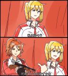  aquila_(kantai_collection) bad_id bad_twitter_id blonde_hair collared_shirt comic commentary_request graf_zeppelin_(kantai_collection) gun hair_ornament hairclip hatanaka_maeken high_ponytail jesus_revenge kantai_collection long_hair multiple_girls orange_hair shirt stupid_movie_sequels submachine_gun thompson_submachine_gun translated wavy_hair weapon white_shirt 