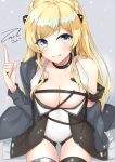  arm_support bangs black_legwear blonde_hair blush braid breasts choker cleavage coat collarbone covered_navel dated dress eyebrows_visible_through_hair girls_frontline grey_coat grey_eyes hair_ornament head_tilt index_finger_raised k5_(girls_frontline) large_breasts leotard light_particles long_hair looking_at_viewer off_shoulder open_clothes open_coat open_dress parted_lips sidelocks signature sitting smile solo strap swept_bangs thigh_strap thighhighs thighs unel white_leotard 