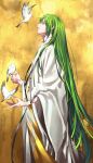  androgynous bird bird_on_hand enkidu_(fate/strange_fake) fate/strange_fake fate_(series) fingernails from_side green_eyes green_hair highres long_hair long_sleeves male_focus robe solo standing tenobe very_long_hair wide_sleeves yellow_background 