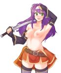  1girl blush breasts fire_emblem fire_emblem:_akatsuki_no_megami fire_emblem:_souen_no_kiseki green_hair long_hair navel purple_hair small_breasts solo sword thighhighs tridisart wayu_(fire_emblem) 