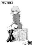  artist_name bangs boots character_name closed_mouth commentary crate dated eyebrows_visible_through_hair frown girls_und_panzer goshaku_tama greyscale have_to_pee katyusha knee_boots long_sleeves looking_at_viewer monochrome pravda_military_uniform recording short_hair short_jumpsuit signature sitting solo tearing_up tears trembling 