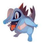  blue_skin brown_eyes creature full_body gen_2_pokemon glitchedpuppet no_humans open_mouth pokemon pokemon_(creature) sharp_teeth simple_background smile solo standing teeth tongue totodile white_background 