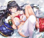  1girl alcohol angel angel_wings bad_feet bangs barefoot black_hair bra breasts cleavage commentary_request cushion earrings erect_nipples eyebrows_visible_through_hair feet garter_straps gloves grey_eyes hair_between_eyes jewelry large_breasts legs lingerie long_hair lying navel necklace ogino_atsuki on_back original panties single_thighhigh spill stomach thighhighs thighhighs_removed underwear white_bra white_gloves white_panties wine wings 