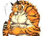  2018 abs anthro biceps captainjohkid digital_media_(artwork) feline flakjacket0204 fur hi_res male mammal muscular pecs simple_background stripes tiger 