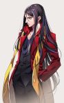  black_eyes black_hair black_pants black_vest blue_shirt closed_mouth cowboy_shot fate/grand_order fate_(series) grey_background hand_in_pocket highres jacket long_hair looking_to_the_side lord_el-melloi_ii male_focus open_clothes open_jacket pants red_jacket shirt simple_background solo standing tenobe very_long_hair vest waver_velvet 