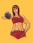  arthur_asa big_barda blue_eyes brown_hair commentary dc_comics midriff mixed_martial_arts mma_gloves muscle muscular_female shorts thumbs_down 