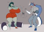  anthro big_breasts breasts canine clothed clothing duo female fish huge_breasts hybrid kaboozle male mammal marine muscular muscular_thighs nipple_bulge shark standing thick_thighs voluptuous wide_hips 