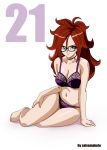  absurdres android_21 barefoot blue_eyes bra brown_hair choker dragon_ball dragon_ball_fighterz earrings glasses gold_earrings highres hoop_earrings hot jewelry lingerie majin_android_21 panties purple_bra purple_lingerie purple_panties red_ribbon_army salvamakoto solo thong underwear 