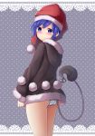  absurdres ass bad_id bad_pixiv_id black_hoodie blue_eyes blue_hair blush closed_mouth commentary_request doremy_sweet fur_trim hat highres hood hood_down long_sleeves looking_at_viewer nightcap no_pants panties polka_dot polka_dot_panties red_hat short_hair solo standing suigetsu_(watermoon-910) tail tapir_tail touhou underwear unmoving_pattern white_panties 