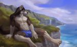  anthro blue_eyes canine chunie cliff digital_media_(artwork) male mammal rakan scar were werewolf 