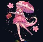  :d bag black_background bow bowtie bubble_skirt cherry_blossom_cookie cookie_run double_bun flower long_hair looking_at_viewer open_mouth personification petals pink_eyes pink_hair pink_neckwear pink_skirt pink_umbrella simple_background skirt smile solo standing standing_on_one_leg umbrella very_long_hair ziiiing 