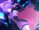  armpits blurry bokeh braid cape collar commentary cowboy_shot depth_of_field elbow_gloves fingerless_gloves garter_straps gloves hair_bun hairband hugtto!_precure kojikoji precure purple_eyes purple_hair purple_skirt ruru_amour skirt sleeveless solo 