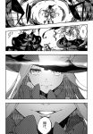  2girls abigail_williams_(fate/grand_order) black_fire comic edmond_dantes_(fate/grand_order) fate/grand_order fate_(series) fedora fire flame greyscale hair_ornament hat highres jeanne_d'arc_(alter)_(fate) jeanne_d'arc_(fate)_(all) key kofunami_nana long_hair monochrome multiple_girls short_hair translated witch witch_hat 