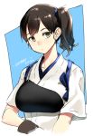  artist_name blue_background brown_eyes brown_hair commentary_request expressionless hair_tie japanese_clothes kaga_(kantai_collection) kantai_collection muneate side_ponytail signature solo tachibana_roku tasuki upper_body 