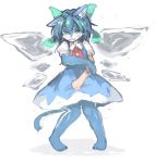 2015 anthro blue_eyes blue_hair canine cirno clothed clothing dress embarrassed female fox hair looking_at_viewer mammal open_mouth pigeon_toed simple_background solo standing toribako touhou transformation white_background wings young 