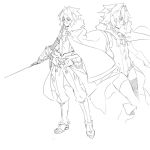  astolfo_(fate) blush boots braid cape drawfag fate_(series) flat_chest gauntlets genderswap genderswap_(mtf) greyscale highres holding holding_sword holding_weapon monochrome multiple_views reverse_trap sketch standing sword wavy_mouth weapon 
