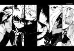  3girls bow charles_henri_sanson_(fate/grand_order) column_lineup fate/grand_order fate_(series) greyscale hair_over_one_eye hassan_of_serenity_(fate) hood hoodie jekyll_and_hyde_(fate) kofunami_nana letterboxed mask monochrome multiple_boys multiple_girls nitocris_(fate/grand_order) nitocris_(swimsuit_assassin)_(fate) osakabe-hime_(fate/grand_order) rope skull skull_mask tattoo yan_qing_(fate/grand_order) 