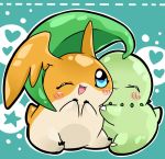  &lt;3 blush chikorita crossover cute digimon driosawm fangs flora_fauna green_skin hug leaf mammal membranous_wings nintendo one_eye_closed open_mouth orange_skin patamon plant pok&eacute;mon pok&eacute;mon_(species) short_tail video_games wings wink 