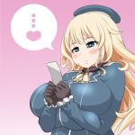  1girl atago_(kantai_collection) beret black_gloves blonde_hair blue_eyes blush breasts gloves gradient gradient_background hat heart huge_breasts kantai_collection long_hair pink_background roah solo speech_bubble spoken_ellipsis spoken_heart 