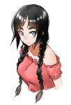  bare_shoulders black_hair blue_eyes braid commentary hair_over_shoulder light_smile long_hair mole mole_under_eye off-shoulder_shirt original red_shirt shirt simple_background solo tachibana_roku thick_eyebrows twin_braids twintails white_background 
