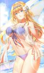  bangs bare_shoulders beach bikini blonde_hair blush breasts cleavage commentary_request day diadem dress flag flower front-tie_bikini front-tie_top gown granblue_fantasy hair_between_eyes hair_flower hair_intakes hair_ornament hikarusorano hips jeanne_d'arc_(granblue_fantasy) large_breasts lily_(flower) long_hair looking_at_viewer navel outdoors purple_bikini see-through smile solo swimsuit thighs 