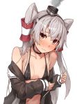 amatsukaze_(kantai_collection) bangs bare_shoulders bikini black_bikini black_choker black_hairband black_shirt blush breasts brown_eyes choker closed_mouth collarbone commentary_request embarrassed eyebrows_visible_through_hair frown hair_tubes hairband hat highres kantai_collection long_hair long_sleeves looking_at_viewer mini_hat navel nose_blush off_shoulder open_clothes open_shirt shirt silver_hair simple_background sleeves_past_wrists small_breasts smoke solo swimsuit takanashi_kei_(hitsujikan) two_side_up upper_body very_long_hair white_background windsock 