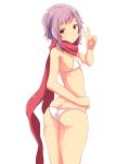  absurdres ass bangs bare_arms bare_shoulders bikini blush breasts brown_eyes closed_mouth eyebrows_visible_through_hair highres idolmaster idolmaster_million_live! looking_at_viewer makabe_mizuki owafu purple_hair red_scarf scarf simple_background small_breasts solo swimsuit v white_background white_bikini 
