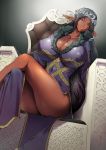  1girl black_hair bracelet breasts circlet cleavage dark_skin earrings elbow_gloves elf gloves head_tilt huge_breasts looking_at_viewer piercing pointy_ears purple_dress queen sasaki_tatsuya shiny_skin sitting solo thick_thighs thighs throne very_long_hair yellow_eyes 