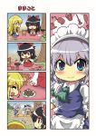  4girls 4koma apron blonde_hair blue_eyes bow braid colonel_aki comic detached_sleeves eyes_closed hair_bow hairband hakurei_reimu hand_up izayoi_sakuya japanese_clothes kirisame_marisa konpaku_youmu konpaku_youmu_(ghost) leaf long_sleeves lunchbox maid maid_apron maid_headdress multiple_girls nontraditional_miko open_mouth pan plate rock seiza silver_hair sitting skirt smile touhou translation_request tree twin_braids wide_sleeves younger 